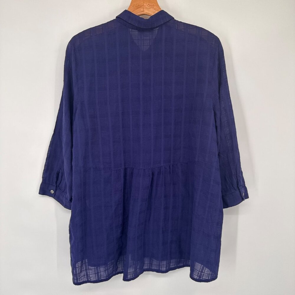 J JILL woman's blouse tunic sheer plaid ruffle hem size large cotton top blue - Picture 11 of 11